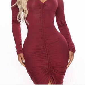 Fashion Nova Red Ruched Long Sleeve Bodycon Dress